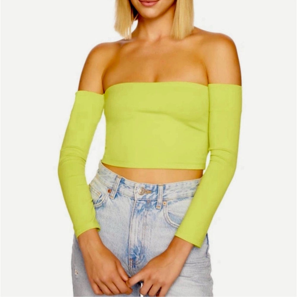 Susana Monaco Neon Lime Off-Shoulder Long Sleeve Crop Top